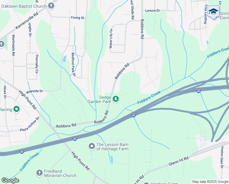 map of restaurants, bars, coffee shops, grocery stores, and more near 381 Robbins Road in Winston-Salem