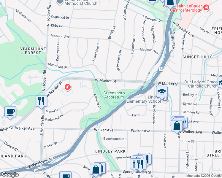 map of restaurants, bars, coffee shops, grocery stores, and more near 3220 Starmount Drive in Greensboro