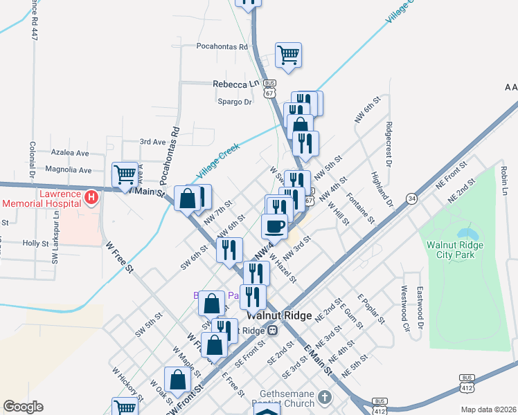 map of restaurants, bars, coffee shops, grocery stores, and more near 502 West Gum Street in Walnut Ridge
