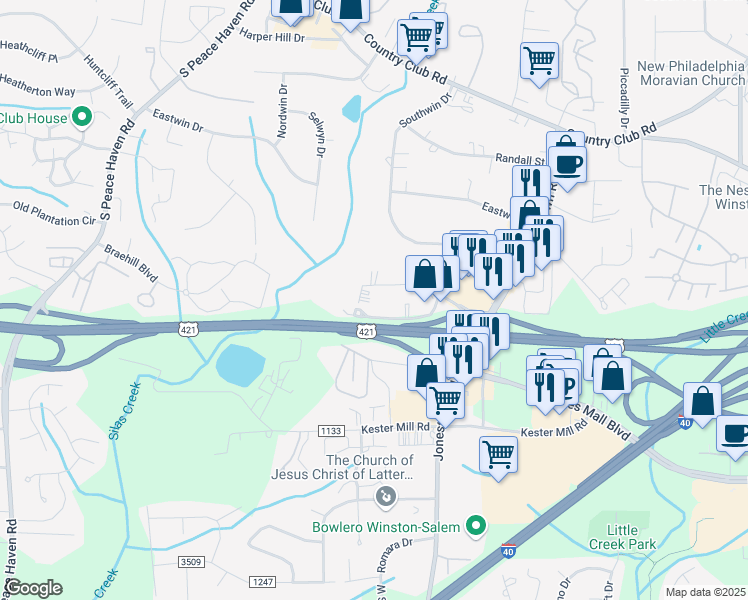 map of restaurants, bars, coffee shops, grocery stores, and more near 4801 Commercial Plaza in Winston-Salem