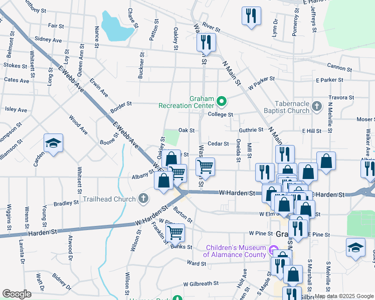map of restaurants, bars, coffee shops, grocery stores, and more near 403 Poplar Street in Graham