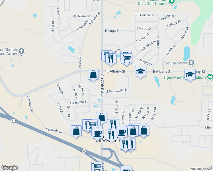 map of restaurants, bars, coffee shops, grocery stores, and more near 2251 North 9th Street in Broken Arrow