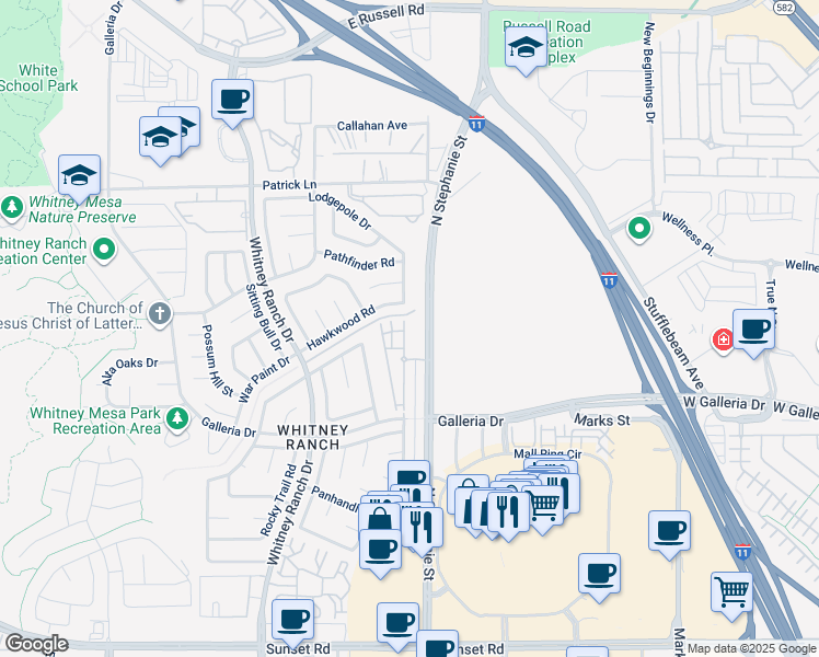 map of restaurants, bars, coffee shops, grocery stores, and more near 855 North Stephanie Street in Henderson