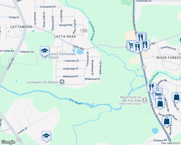map of restaurants, bars, coffee shops, grocery stores, and more near 4621 Brooklane Drive in Durham