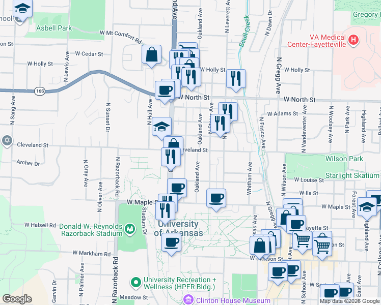 map of restaurants, bars, coffee shops, grocery stores, and more near 965 Cleveland Street in Fayetteville