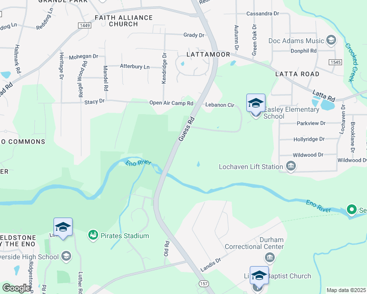 map of restaurants, bars, coffee shops, grocery stores, and more near 4418 Guess Road in Durham