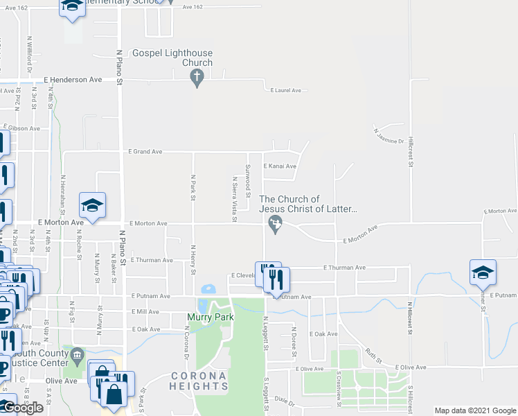map of restaurants, bars, coffee shops, grocery stores, and more near 443 North Leggett Street in Porterville