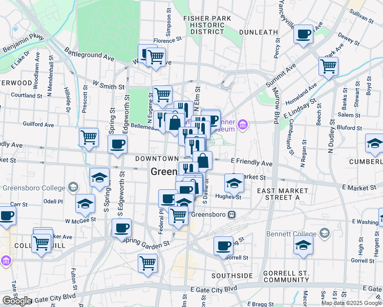 map of restaurants, bars, coffee shops, grocery stores, and more near 201 North Elm Street in Greensboro