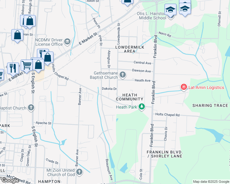 map of restaurants, bars, coffee shops, grocery stores, and more near in Greensboro