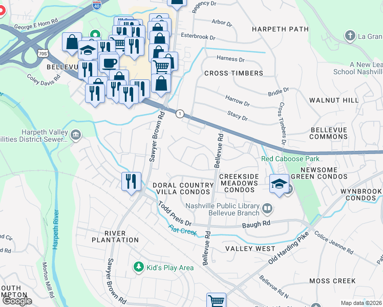 map of restaurants, bars, coffee shops, grocery stores, and more near 865 Bellevue Road in Nashville