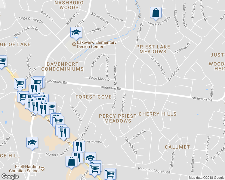 map of restaurants, bars, coffee shops, grocery stores, and more near 2957 Anderson Road in Nashville