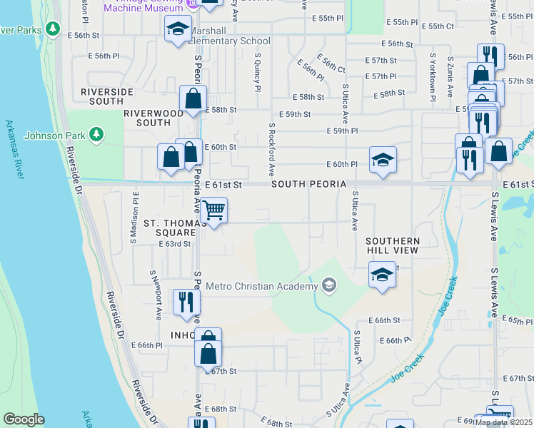 map of restaurants, bars, coffee shops, grocery stores, and more near 1441 East 62nd Street in Tulsa
