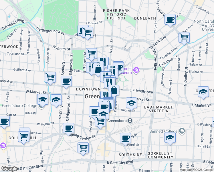 map of restaurants, bars, coffee shops, grocery stores, and more near 113 West Friendly Avenue in Greensboro
