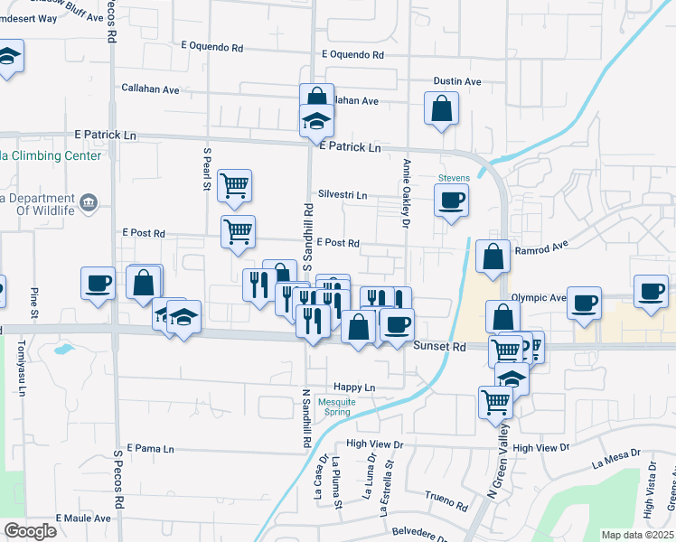 map of restaurants, bars, coffee shops, grocery stores, and more near 6340 South Sandhill Road in Las Vegas