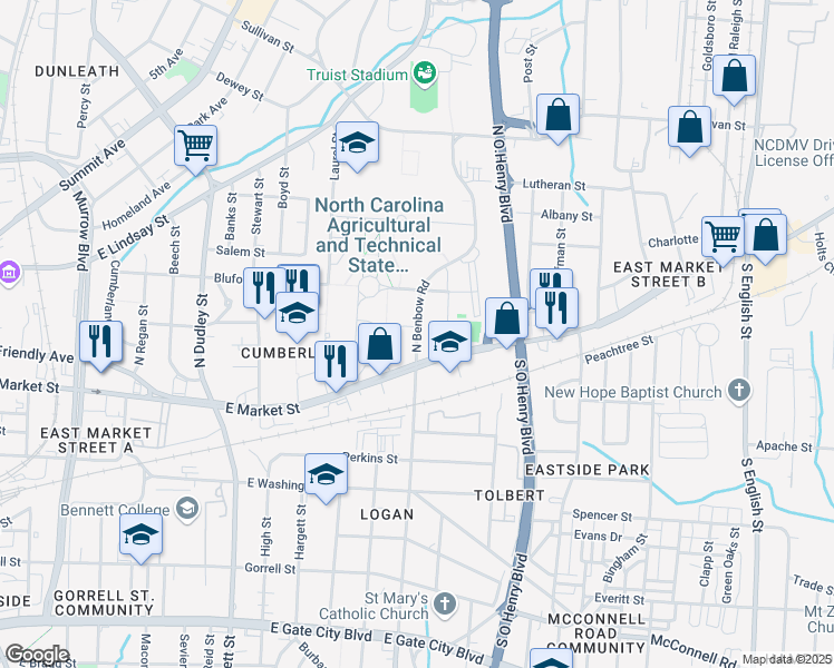 map of restaurants, bars, coffee shops, grocery stores, and more near in Greensboro