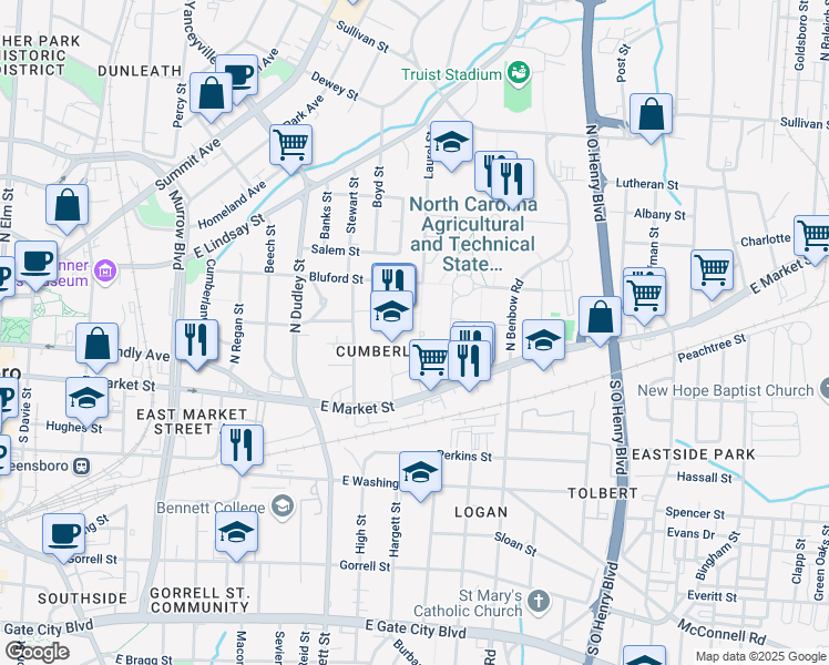 map of restaurants, bars, coffee shops, grocery stores, and more near 1601 East Market Street in Greensboro