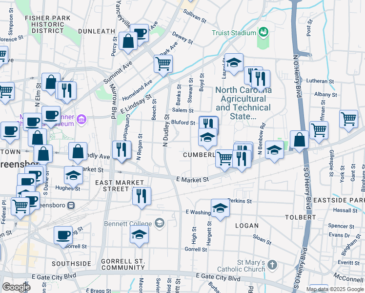 map of restaurants, bars, coffee shops, grocery stores, and more near in Greensboro