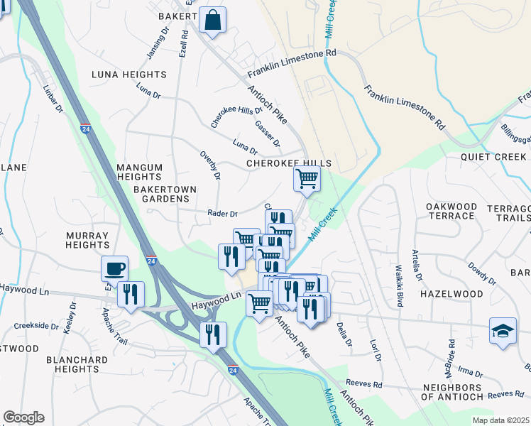 map of restaurants, bars, coffee shops, grocery stores, and more near 127 Rader Drive in Nashville
