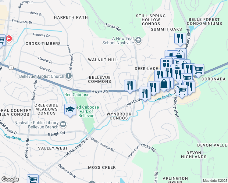map of restaurants, bars, coffee shops, grocery stores, and more near 7241 Highway 70 South in Nashville