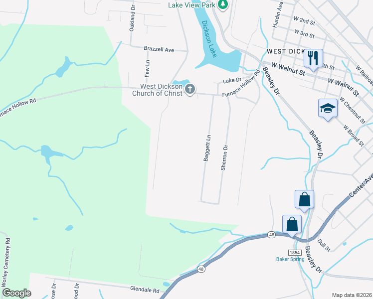 map of restaurants, bars, coffee shops, grocery stores, and more near 170 Baggett Lane in Dickson