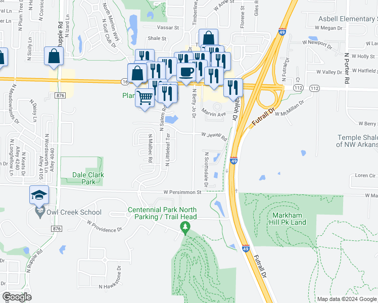 map of restaurants, bars, coffee shops, grocery stores, and more near 626 North Betty Jo Drive in Fayetteville