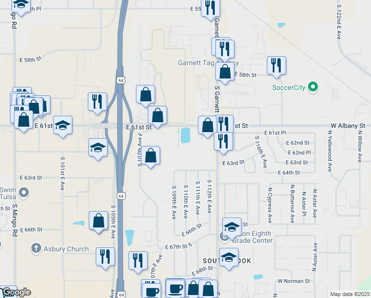 map of restaurants, bars, coffee shops, grocery stores, and more near 10944 East 61st Street in Tulsa