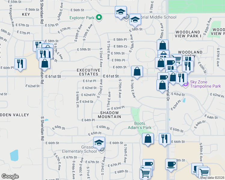map of restaurants, bars, coffee shops, grocery stores, and more near 6216 South 73rd East Avenue in Tulsa