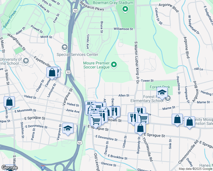 map of restaurants, bars, coffee shops, grocery stores, and more near 1909 Althea Street in Winston-Salem