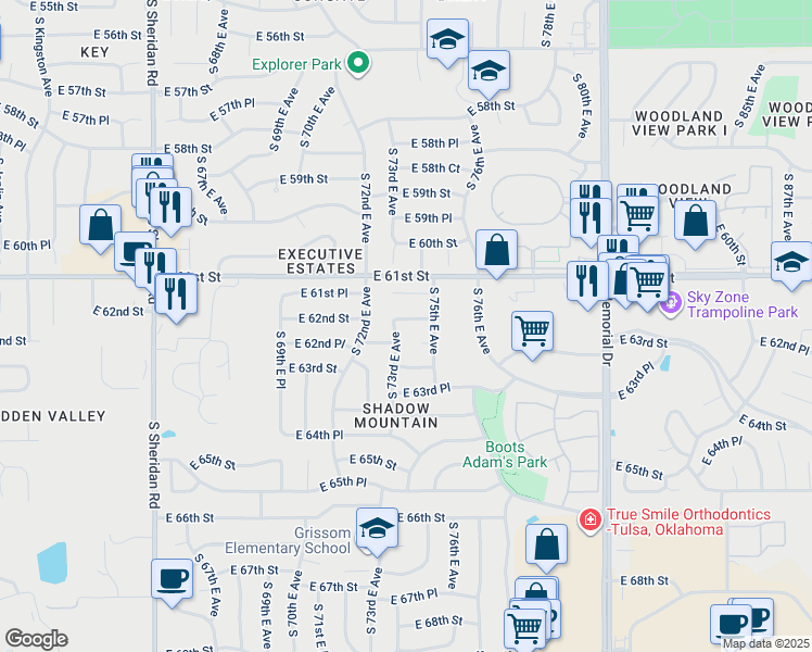 map of restaurants, bars, coffee shops, grocery stores, and more near 6216 South 73rd East Avenue in Tulsa