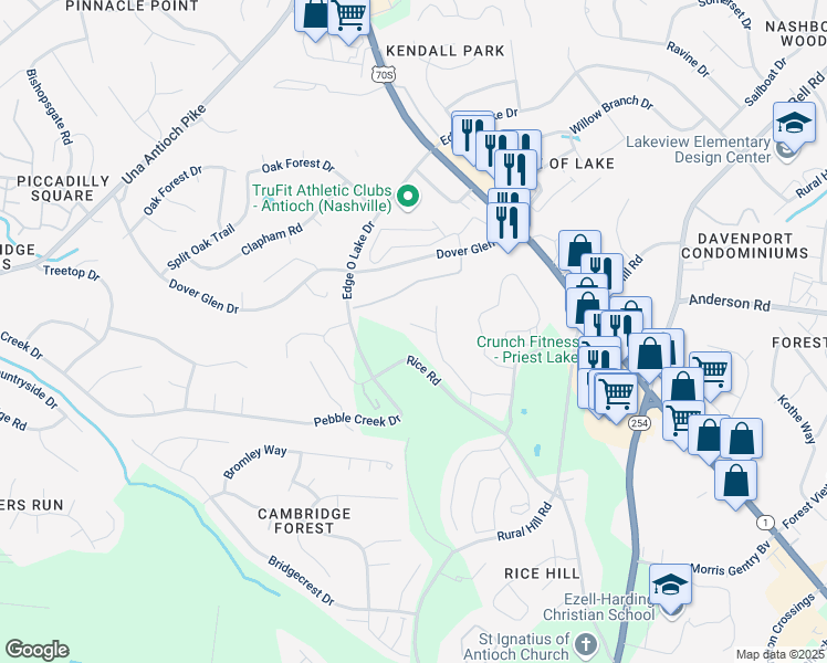 map of restaurants, bars, coffee shops, grocery stores, and more near 5161 Rice Road in Nashville
