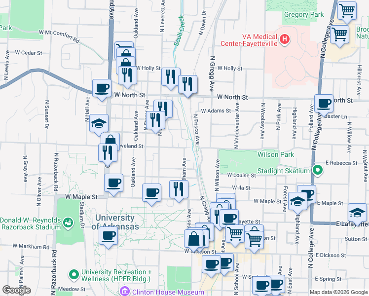 map of restaurants, bars, coffee shops, grocery stores, and more near 688 Whitham Avenue in Fayetteville