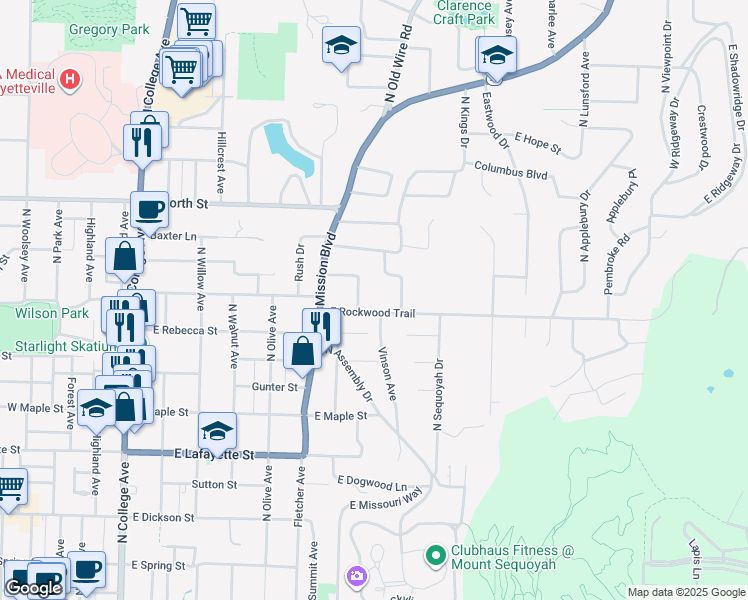 map of restaurants, bars, coffee shops, grocery stores, and more near 808 Woodlawn Drive in Fayetteville