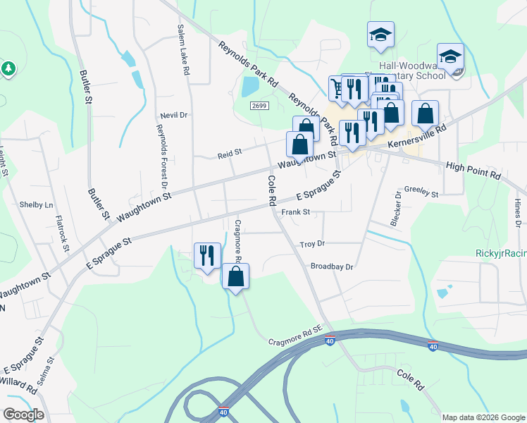 map of restaurants, bars, coffee shops, grocery stores, and more near 2308 Cole Road in Winston-Salem