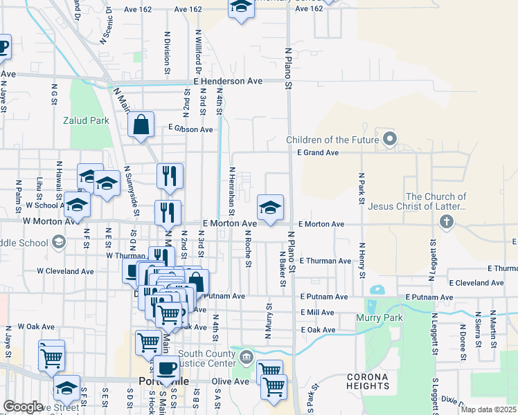 map of restaurants, bars, coffee shops, grocery stores, and more near 445 North Murry Street in Porterville