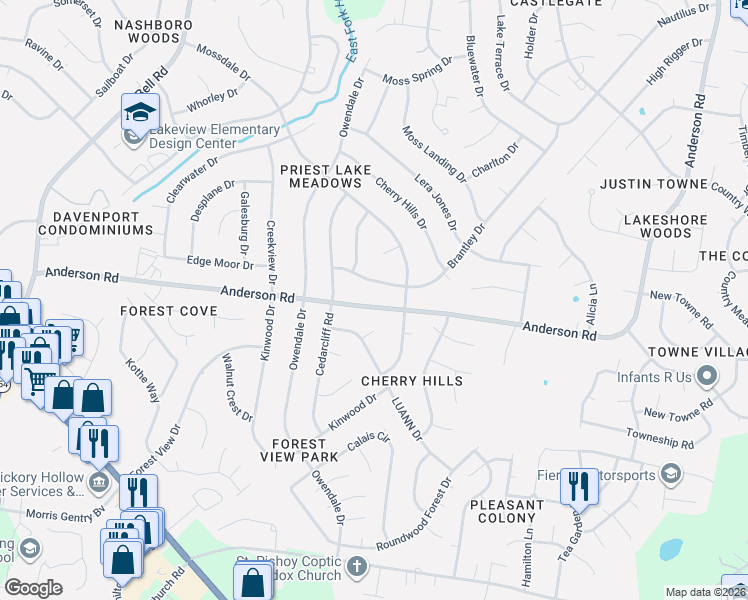 map of restaurants, bars, coffee shops, grocery stores, and more near 3037 Anderson Road in Nashville
