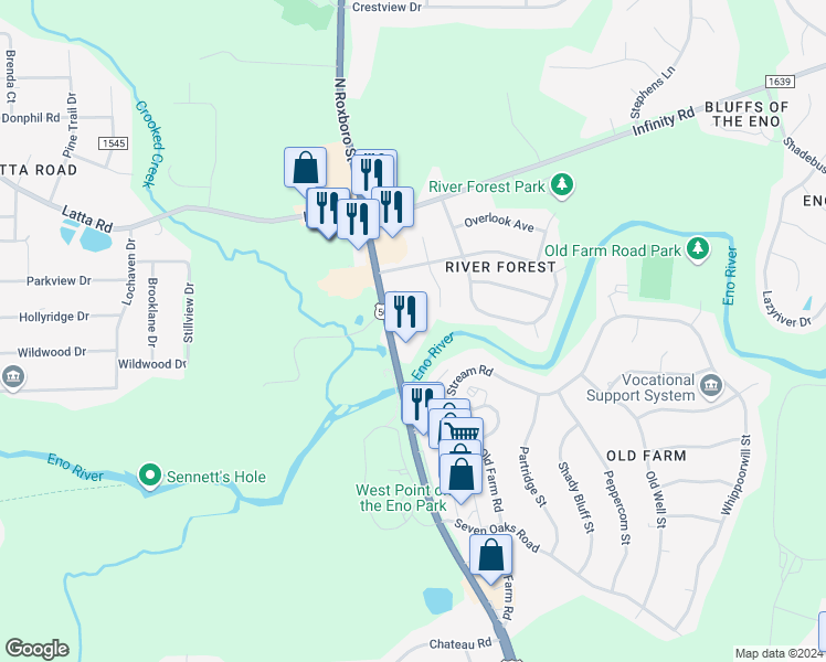 map of restaurants, bars, coffee shops, grocery stores, and more near 5242 North Roxboro Street in Durham