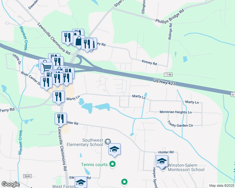 map of restaurants, bars, coffee shops, grocery stores, and more near 5901 Katlas Trail in Clemmons