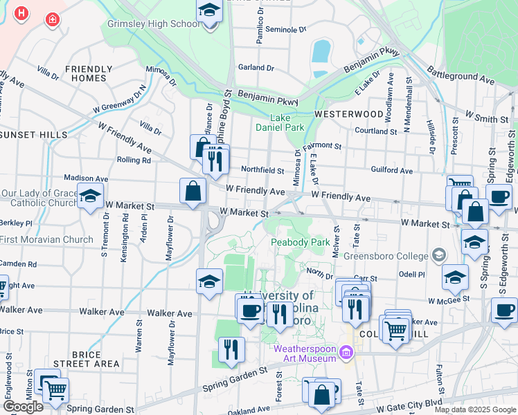 map of restaurants, bars, coffee shops, grocery stores, and more near 1408 West Market Street in Greensboro
