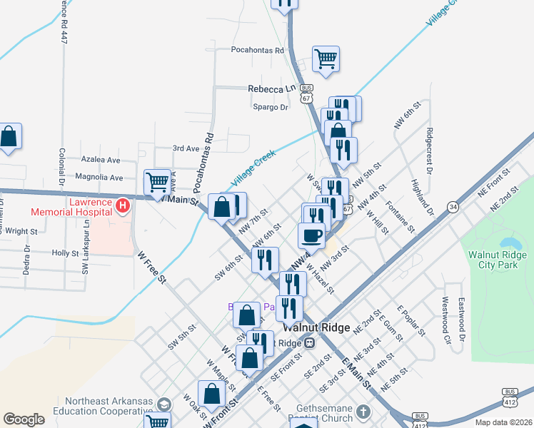 map of restaurants, bars, coffee shops, grocery stores, and more near 606 West Hazel Street in Walnut Ridge