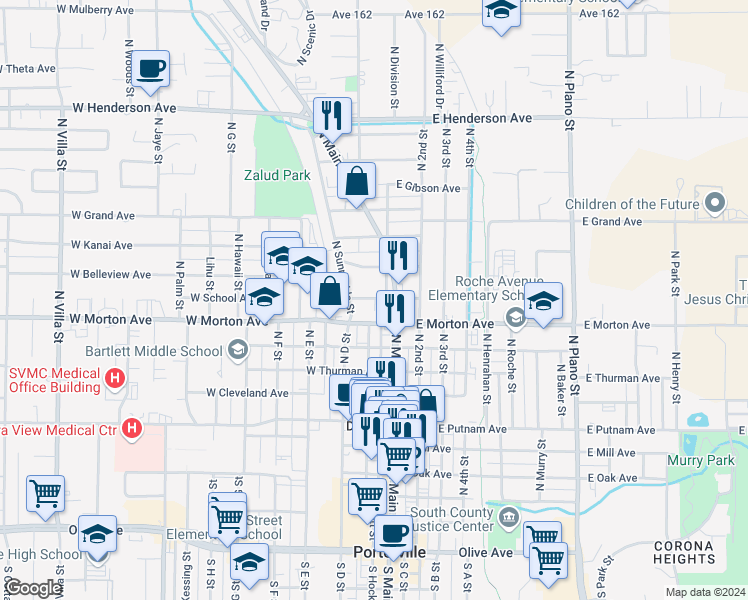 map of restaurants, bars, coffee shops, grocery stores, and more near 43 West School Avenue in Porterville