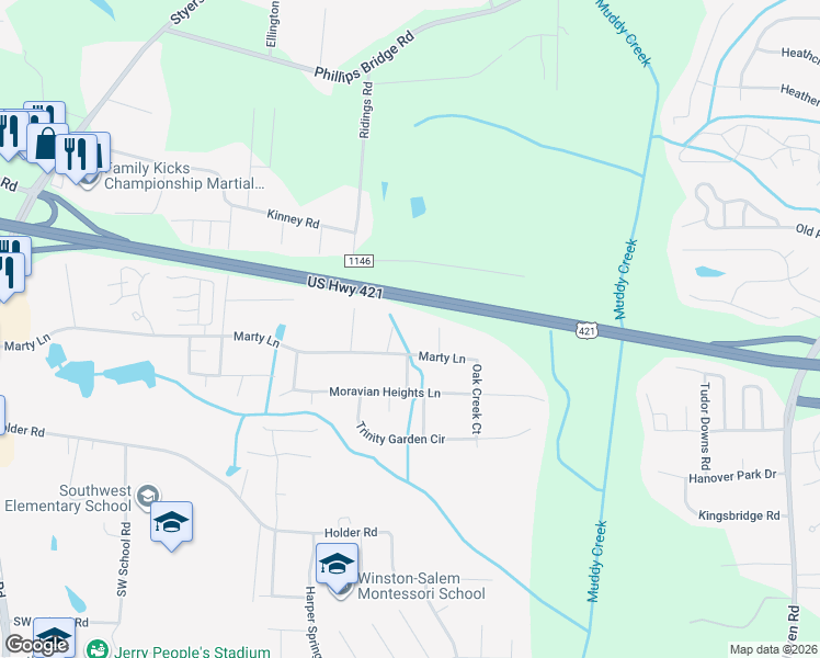 map of restaurants, bars, coffee shops, grocery stores, and more near 1492 Cedar Fork Road in Clemmons