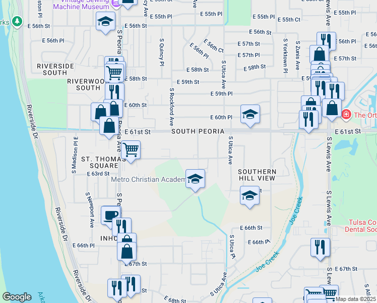 map of restaurants, bars, coffee shops, grocery stores, and more near 1541 East 62nd Street in Tulsa
