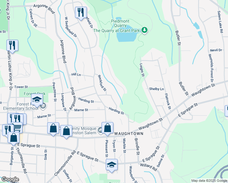 map of restaurants, bars, coffee shops, grocery stores, and more near 1521 Donald Street Southeast in Winston-Salem