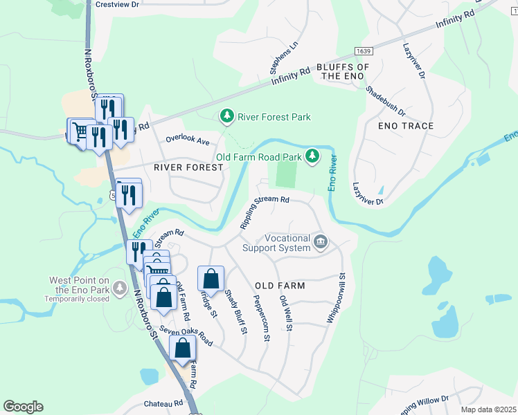 map of restaurants, bars, coffee shops, grocery stores, and more near 624 Rippling Stream Road in Durham