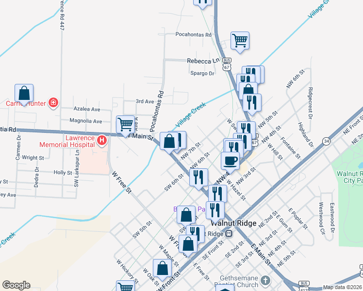 map of restaurants, bars, coffee shops, grocery stores, and more near 700 West Walnut Street in Walnut Ridge