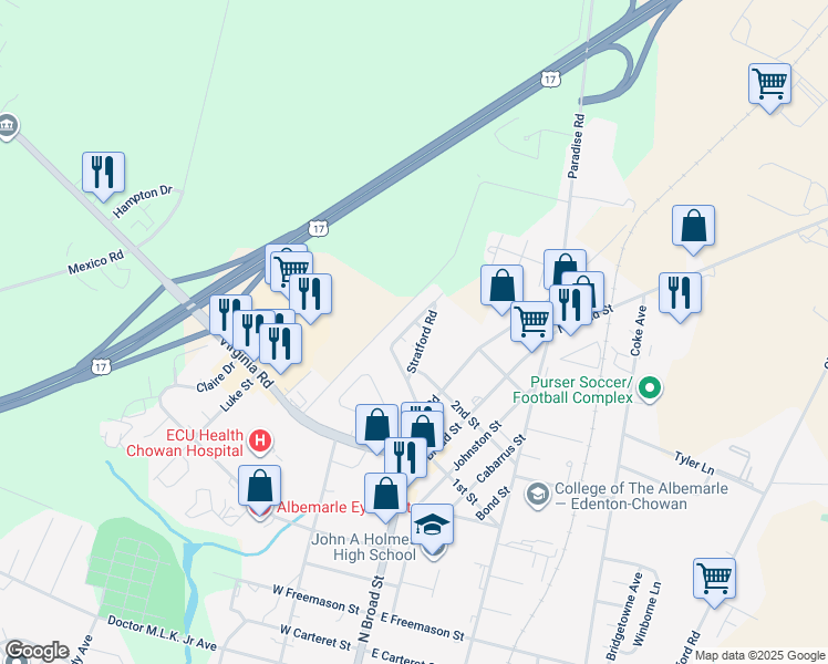 map of restaurants, bars, coffee shops, grocery stores, and more near 913 Stratford Road in Edenton