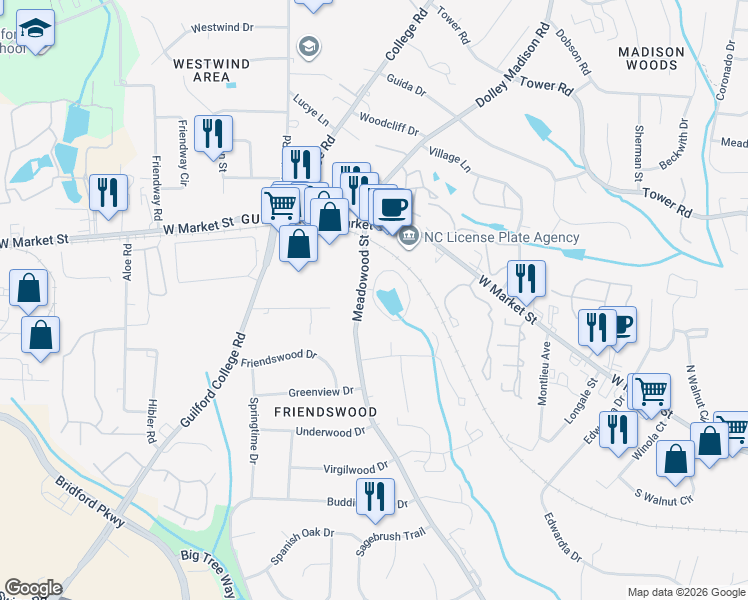 map of restaurants, bars, coffee shops, grocery stores, and more near Shadow Lake Drive in Greensboro
