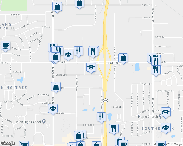 map of restaurants, bars, coffee shops, grocery stores, and more near 6140 South 104th East Avenue in Tulsa