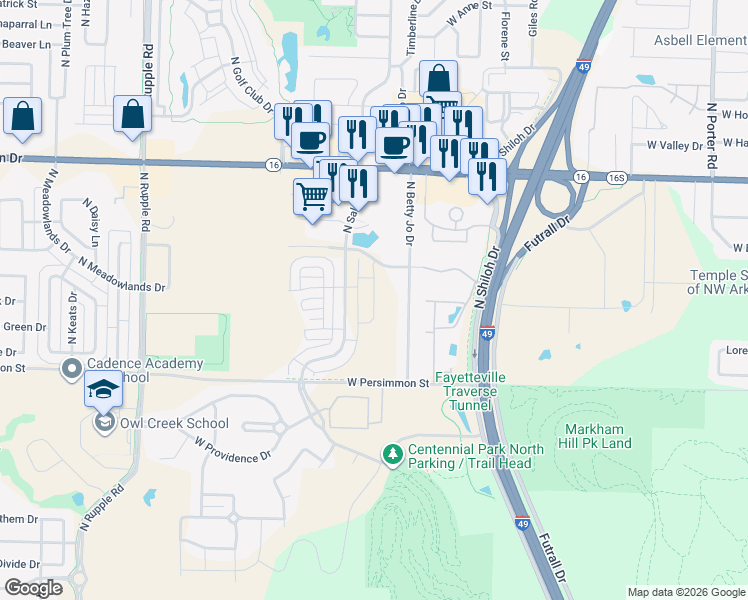 map of restaurants, bars, coffee shops, grocery stores, and more near 625 N Betty Jo Dr in Fayetteville