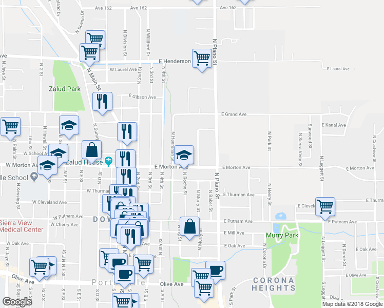 map of restaurants, bars, coffee shops, grocery stores, and more near 435 North Murry Street in Porterville